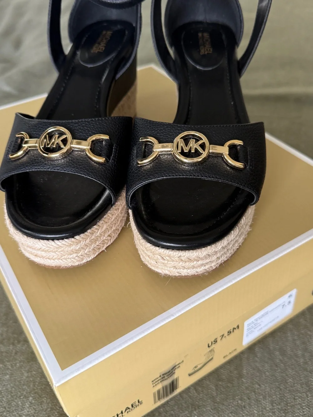 Michael Kors Black Leather Espadrille Wedge  Sandals with Gold MK Hardware